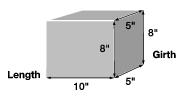 This graphic shows an example of measuring length and girth for a box. The example shows length = 10 inches, girth is the measurement around the thickest part (8 +5 + 8 + 5) = 26 inches, and length + girth = 36 inches.