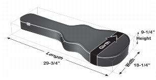 Priority mail dimensional weight for nonrectangular shaped parcels to zones 5-8. Guitar case showing dimensions for length, width, and height.