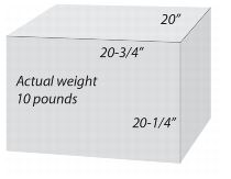 Ten pound (actual weight) parcel measuring 20 3/4 inches long, 20 inches wide, and 20 1/4 inches tall. Dimensional weight example.