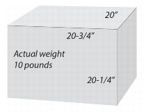 Ten pound (actual weight) parcel measuring 20 3/4 inches long, 20 inches wide, and 20 1/4 inches tall. Dimensional weight example.