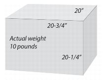Ten pound (actual weight) parcel measuring 20 3/4 inches long, 20 inches wide, and 20 1/4 inches tall. Dimensional weight example. Ten pound (actual weight) parcel measuring 20 3/4 inches long, 20 inches wide, and 20 1/4 inches tall. Dimensional weight example.
