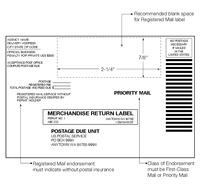 Shows a merchandise return service penalty label without insurance or other special services added.