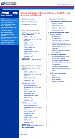 This graphic shows the Domestic Mail Manual Home Page.