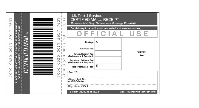 Shows Form 3800, Certified Mail receipt.