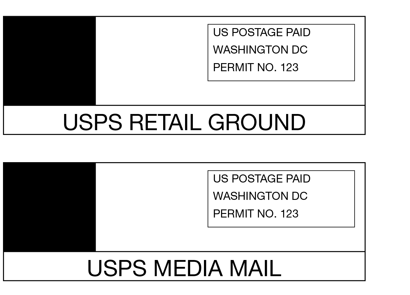 Shows two sample labels with Parcel Post and Media Mail service indicators.