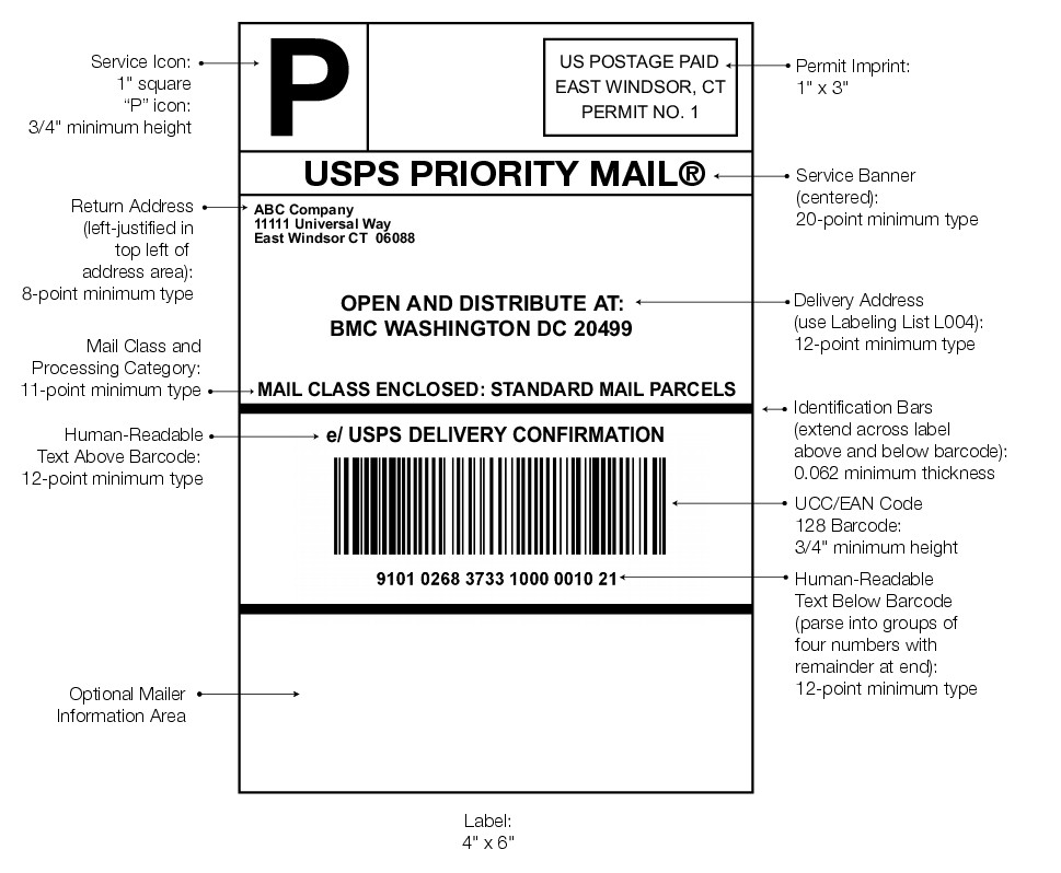 Graphic showing an example of a BMC address label (enlarged image)