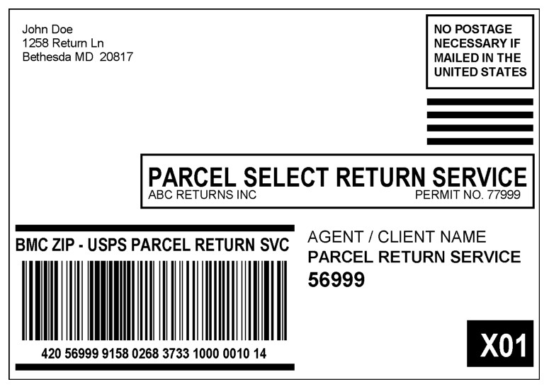 Shows a Parcel Return Services label addressed to a return delivery unit with a concatenated barcode. (enlarged image)