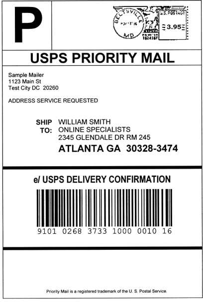 Shows a privately printed Delivery Confirmation label with Priority Mail service indicator.