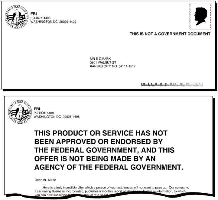 Shows mailpieces with disclaimers for solicitations that imply a connection to the federal government.