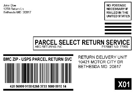 Shows a Parcel Return Services label addressed to a return delivery unit.