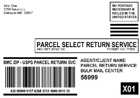 Shows a Parcel Return Services label addressed to a bulk mail center.
