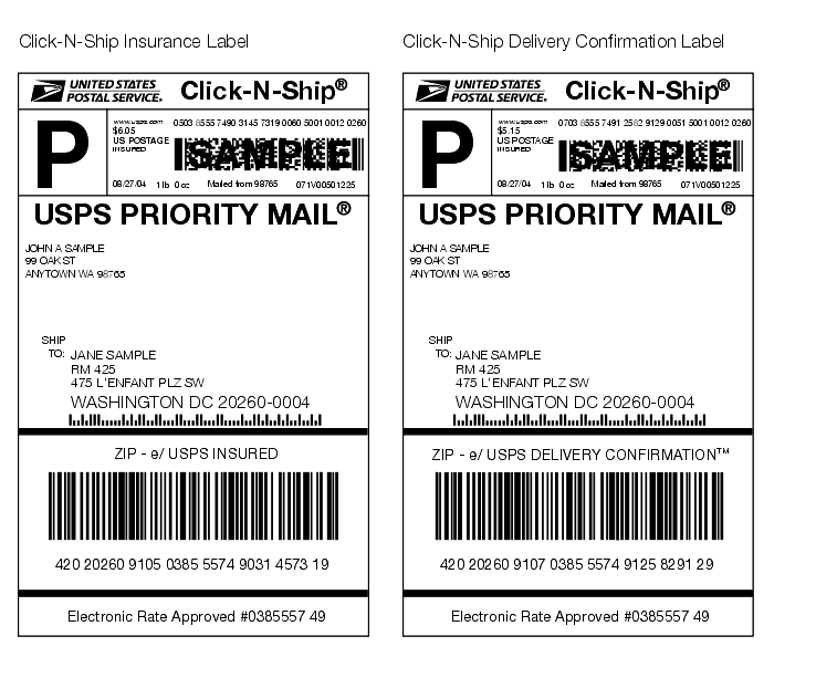 Shows a printed insurance label with integrated barcode and routing ZIP code.