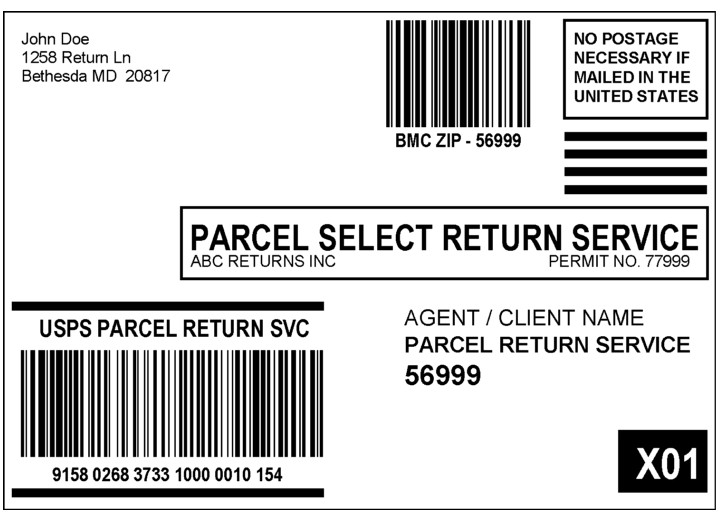 Shows a Parcel Select Return Service label for the RDU option using a separate PRS barcode and Postal Routing Barcode. (enlarged image)