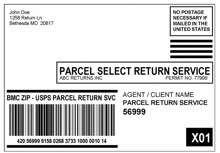 Shows a Parcel Return Services label addressed to a return delivery unit with a concatenated barcode. (enlarged image)