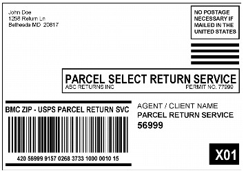 Shows a Parcel Return Services label addressed to a return bulk mail center. (click for larger image)
