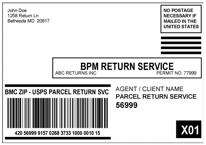 Shows a Parcel Return Services label for Bound Printed Matter. (enlarged image)