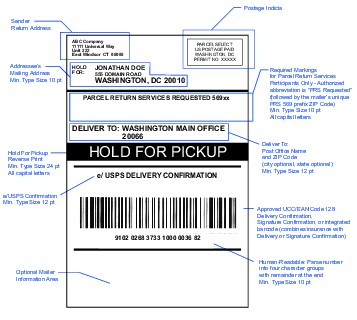 Shows the format for a Hold For Pickup address label. (click for larger image)