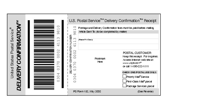 Shows Form 152, Delivery Confirmation receipt. (enlarged image)