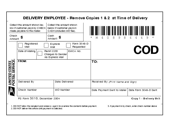 Shows Form 3816, COD label. (enlarged image)