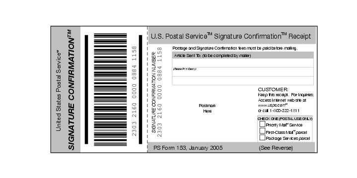 Shows Form 153, Signature Confirmation receipt.