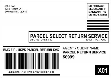 Shows a Parcel Return Services label addressed to a return delivery unit with a concatenated barcode. (click for larger image)