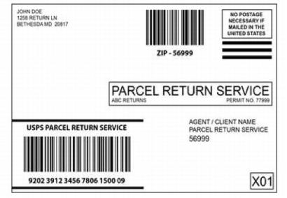 Parcel Return Service label using a separate PRS barcode and postal routing barcode