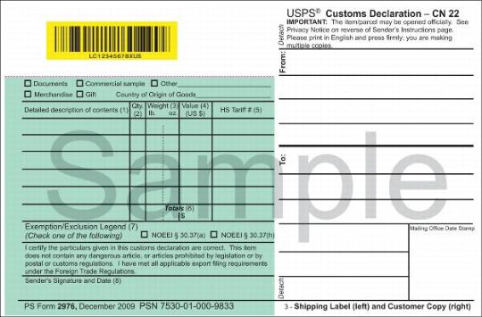 Customs Declaration CN 22 Senderìs - Shipping Label Customs Declaration CN 22 Senderìs - Shipping Label