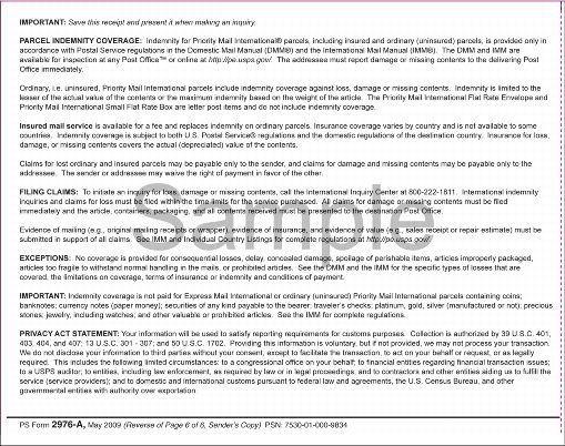 PS Form 2976-A - Indemnity Statement