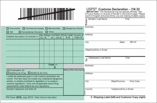 PS Form 2976 Customs Declaration (Customer)