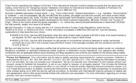 PS Form 2976 Instructios (back)