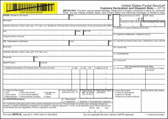 PS Form 2976A Customs Declaration