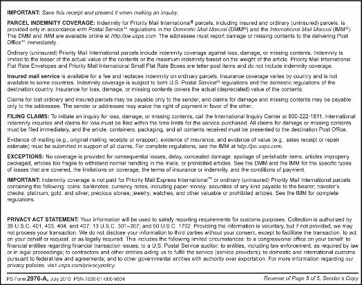 PS Form 2976A Indemnity Statement