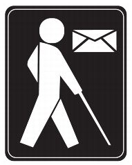 Blind figure with cane and envelope label.