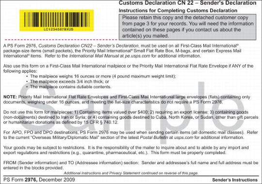 Customs Declaration CN 22 Sender’s Instructions Customs Declaration CN 22 Sender’s Instructions