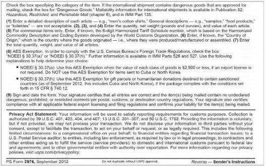 PS Form 2976 Instructios (back)