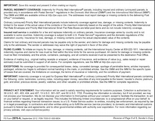 PS Form 2976A Indemnity Statement