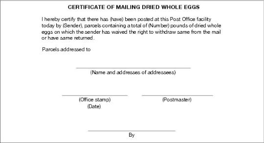 Certificate of Mailing Dried Whole Eggs