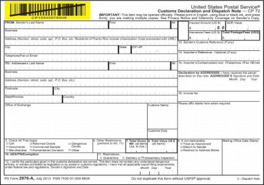 PS Form 2976A Dispatch Note