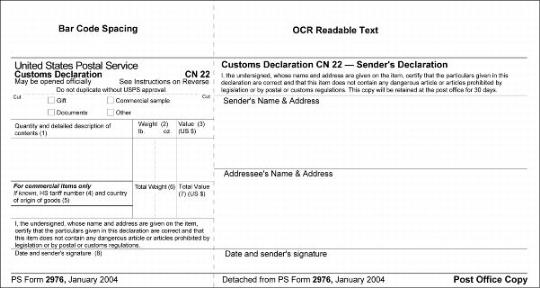 Customs Declaration CN 22 front side