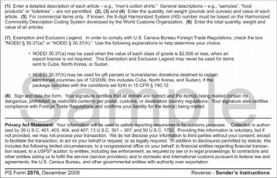 Customs Declaration CN 22 Sender's Instructions - Reverse