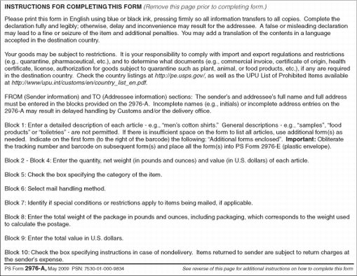 PS Form 2976A - Customs Dispatch Note