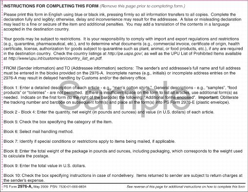 PS Form 2976A - Customs Dispatch Note