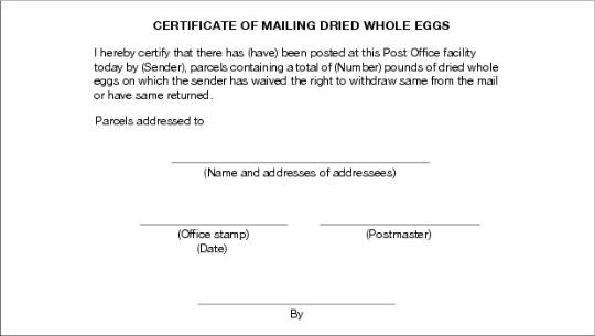 Certificate of Mailing Dried Whole Eggs