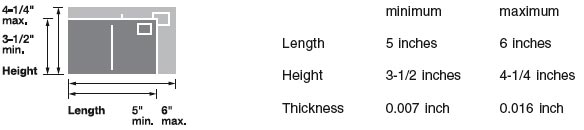 The graphic show the minimum and maximum size for a postcard. The minimum and maximum size for a card claimed at a card rate must be: a. Rectangular; b. Not less than 3-1/2 inches high, 5 inches long, and 0.007 inch thick; c. Not more than 4-1/4 inches high, or more than 6 inches long, or greater than 0.016 inch thick. 