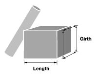 This graphic illustrates that for parcels, length is the measurement of the longest dimension and girth is the distance around the thickest part (perpendicular to the length). Length plus girth (the distance around the thickest part) can not exceed 108 inches (Parcel Post can not exceed 130 inches).