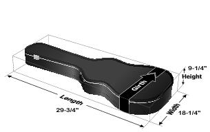 This graphic shows a guitar case with dimension for length, height, and width as described in the text