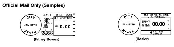 These graphics show Official Mail Metered Postage Designs by Pitney Bowes and Hasler.