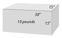 This graphic shows an example of a package requiring a Balloon rate surcharge. It is 10 pounds and measures 30 inches long, 15 inches wide and 15 inches tall.