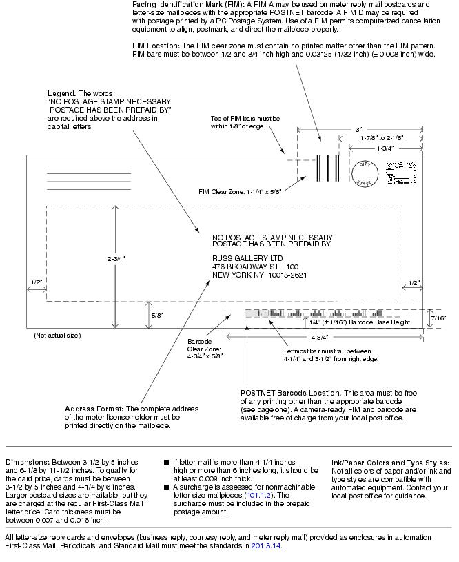 This graphic describes Meter Reply Mail layout standards as described in the text.