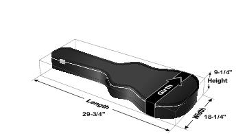 This graphic shows a guitar case with dimension for length, height, and width as described in the text